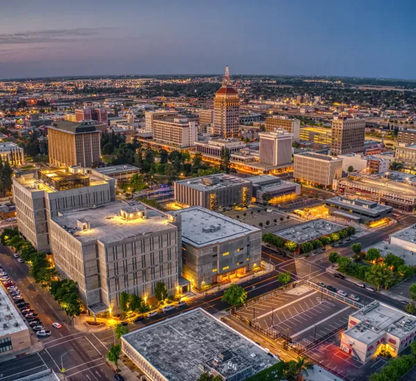 Aerial View of the Fresno, California Skyline at Dusk