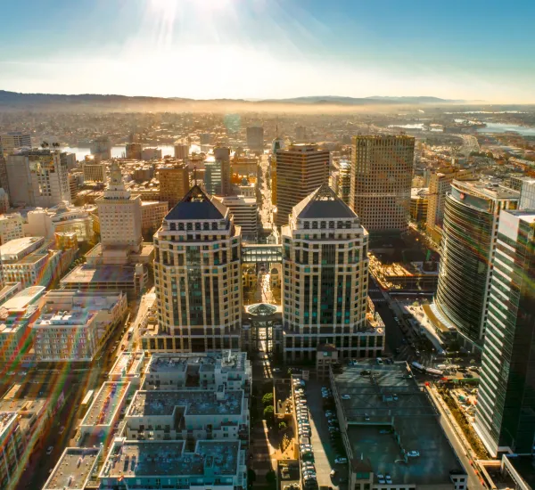 Aerial View of the Fresno, California Skyline at Dusk