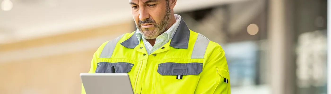 Serious and focused architect or engineer working on construction site using digital tablet while wearing safety vest and helmet. Mature man working on digital tablet at construction site. Mid adult manual worker with blue hardhat inspecting construction site while checking list on laptop.